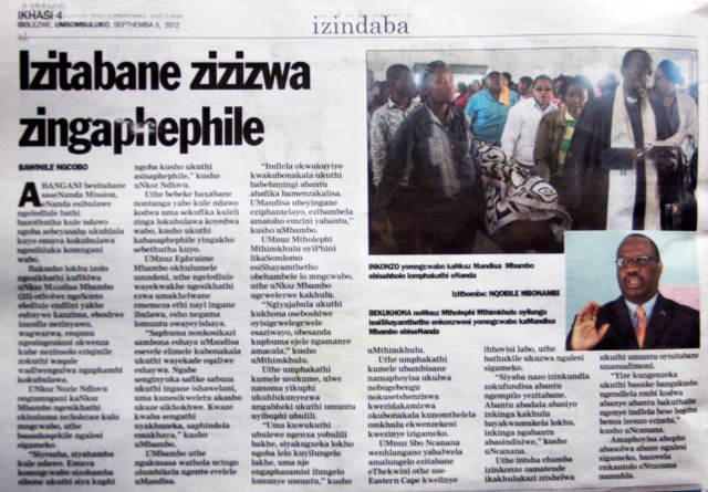 Isolezwe newspaper clipping featuring Mandisa Mbambo's murder. Issued on 3rd Sept. 2012