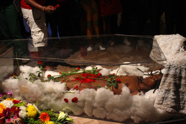 Muholi in a custom made coffin. Photo by Bongi 'Thekwane' Mphisholo (2014/02/14)