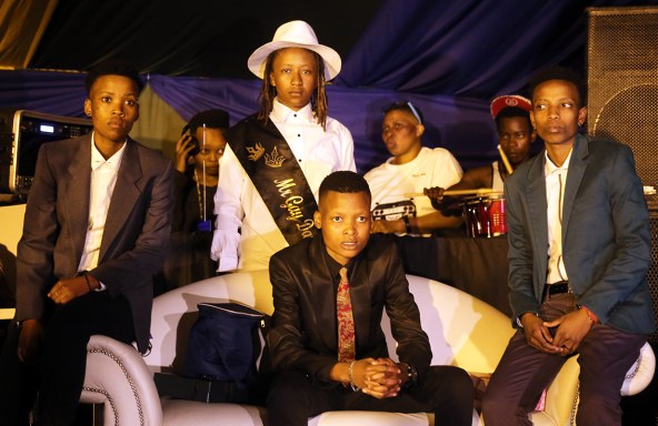 From L-R: Refilwe Pitso, Vuvu Mtsweni (seated in front) and Lebo Magaela. Sicka Mthunzi (standing at the back) after the crowning of the 2015 Mr Lesbian Daveyton. Photo by Lineka Qampi