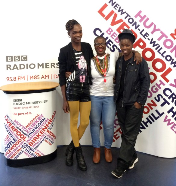 L-R: After the interview, Somizy Sincwala with Ngunan Adamu (Producer/Presenter for BBC Radio Merseyside) and Muholi in Liverpool, UK.