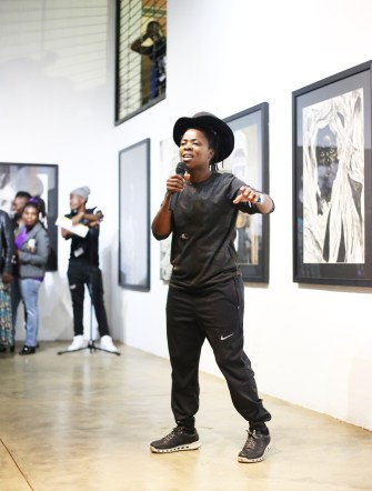 Zanele Muholi during Ikhono exhibition speech by Lerato Dumse